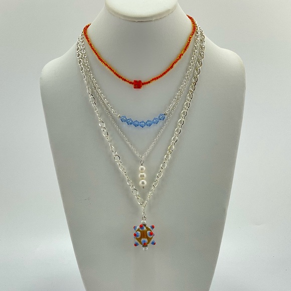 Artisan Jewelry - Colorful Layered Necklace Set, Handmade, Pearls, Art Glass Beads, Millefiori